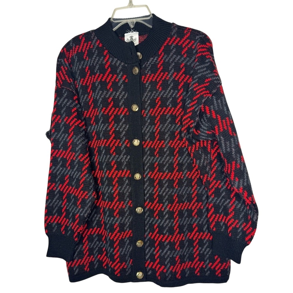 Made in Scotland Sweater Cardigan Sz M Thick Red Plaid Mature‎ Grandma Office